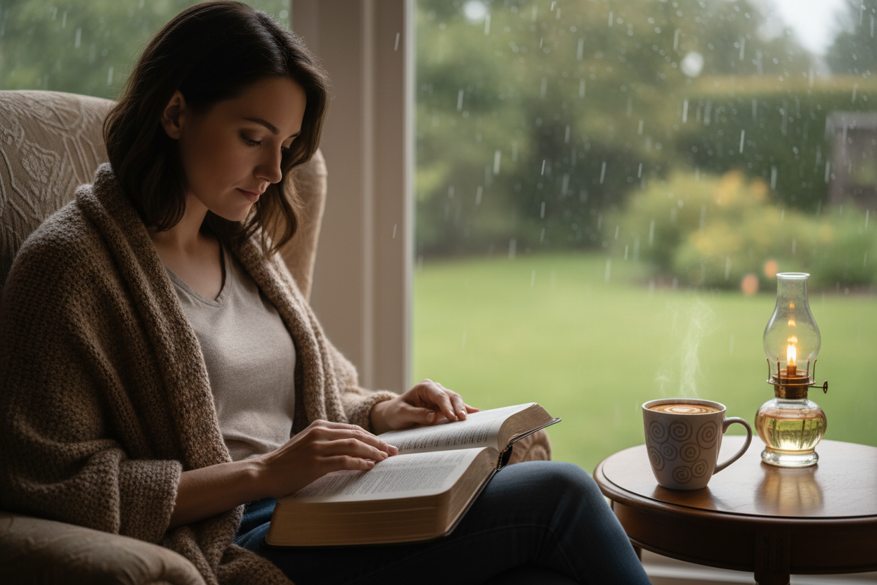 The lady sitting and reading the Bible next to a cup of coffee
